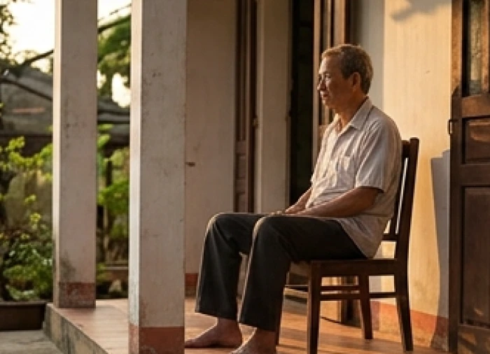Người đàn ông lớn tuổi ngồi trầm mặc một mình trên chiếc ghế gỗ ngoài hiên vắng vào một buổi chiều tà