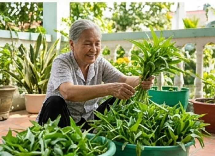 Cụ ông nét mặt tươi tỉnh đang cẩn thận nhặt từng mớ rau muống ngoài hiên để phụ giúp công việc bếp núc cho con dâu