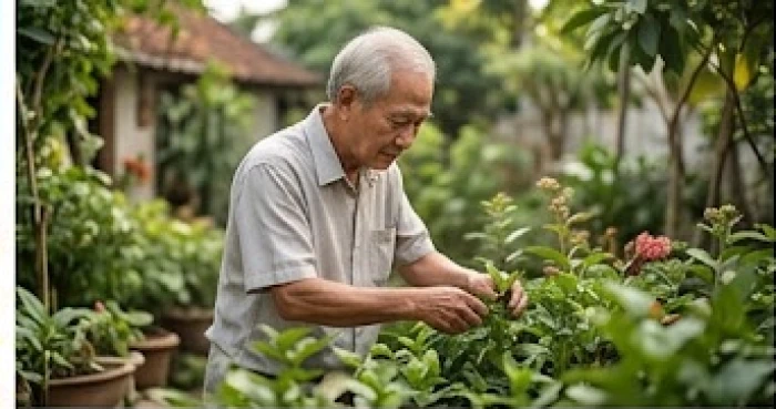 Người đàn ông lớn tuổi cẩn thận chăm sóc vườn cây thể hiện sự tự lập và trách nhiệm gánh vác việc nhà
