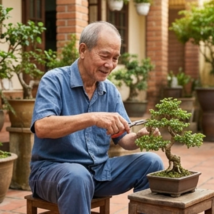 Cụ ông lớn tuổi đang nhẫn nại chăm sóc cành cây cảnh nhỏ trong khoảng sân ngập nắng