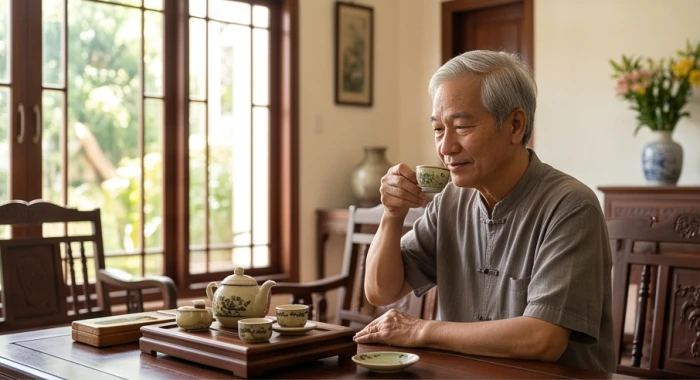 Cụ ông đang ngồi nhâm nhi tách trà xanh trong không gian phòng khách ấm cúng mang lại cảm giác bình yên