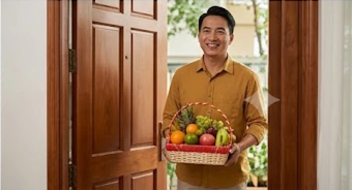 Người đàn ông mặc áo sơ mi màu vàng đất rạng rỡ bước vào cửa nhà mang theo lẵng quả tươi sáng