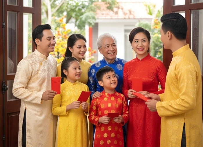Gia đình sum vầy tươi cười đón vị khách hợp tuổi đến xông nhà trong buổi sáng mùng một Tết