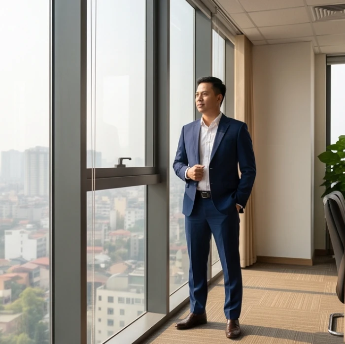 Nam doanh nhân mặc vest xanh đen đang suy nghĩ tĩnh lặng bên cửa sổ phòng làm việc sang trọng