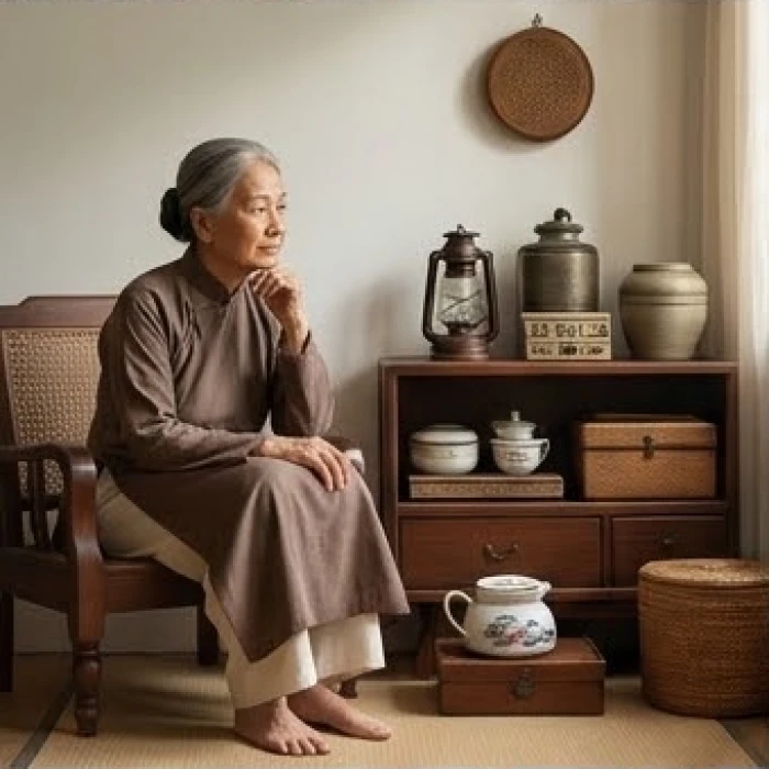 Người cao tuổi ngồi đăm chiêu suy nghĩ bên cạnh những món đồ đạc cũ kỹ được sắp xếp gọn gàng