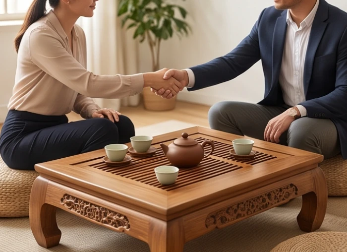 Hai người đang bắt tay hợp tác qua bàn trà bằng gỗ chạm khắc tinh xảo