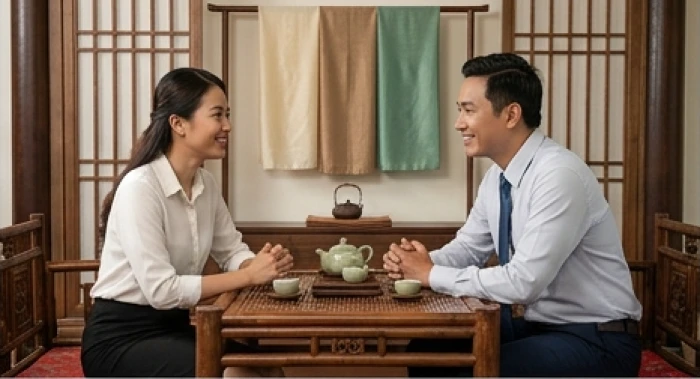 Hai người đang mỉm cười trò chuyện cởi mở trong một không gian trà đạo truyền thống Việt Nam