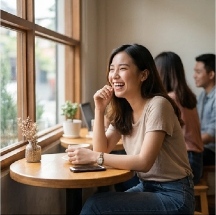 Người phụ nữ tươi cười trò chuyện cùng bạn bè trong không gian quán cà phê ấm cúng mang năng lượng tích cực