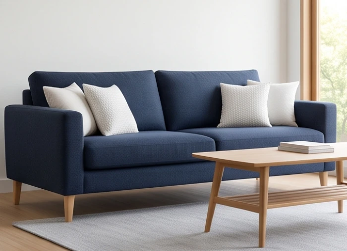 Ghế sofa bọc nỉ màu xanh dương sẫm kết hợp gối tựa trắng thay vì sử dụng chất liệu da nâu đất