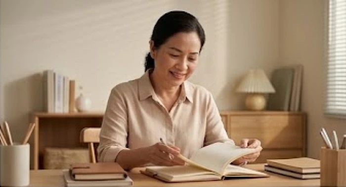 Người phụ nữ trung niên mỉm cười rạng rỡ khi sắp xếp sổ sách gia đình trong giai đoạn tuổi trung vận ổn định