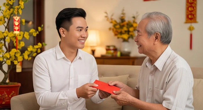 Một thanh niên trẻ đang vui vẻ trao phong bao lì xì và chúc thọ cụ già trong phòng khách vào ngày đầu năm