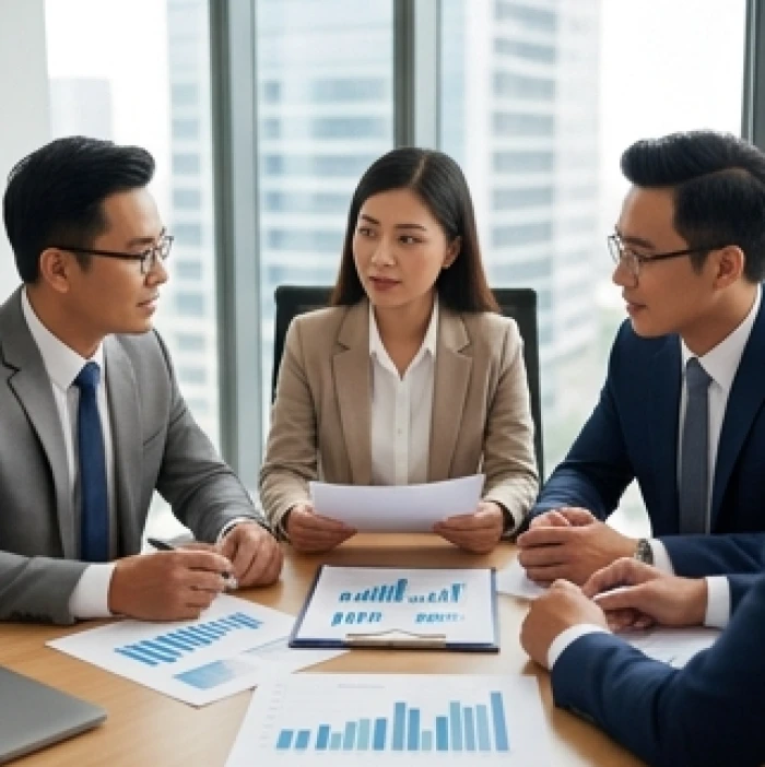 Ba đối tác kinh doanh cùng họp bàn trên bàn làm việc thảo luận phương án điều phối và giải quyết bất đồng