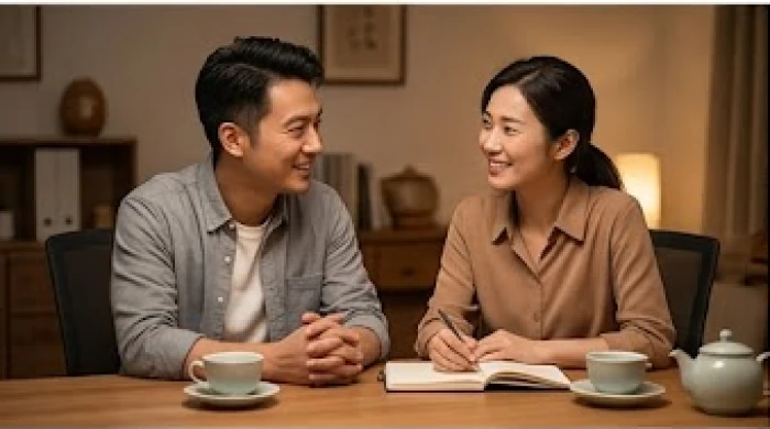 Hai người đồng nghiệp đang ngồi thảo luận vui vẻ bên bàn làm việc với những tách trà nóng trong không gian văn phòng