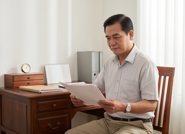 Người đàn ông 64 tuổi khuôn mặt cương trực và tự tin ngồi suy ngẫm bên bàn làm việc trong gia đình