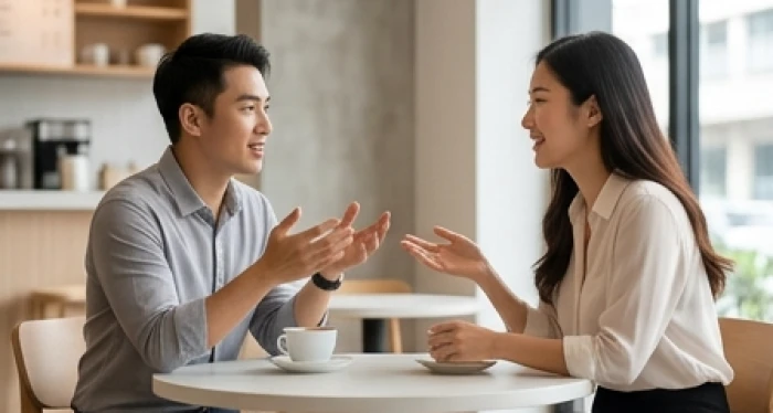Hai người trẻ tuổi đang trò chuyện vui vẻ và cởi mở tại một quán cà phê ngập tràn ánh sáng