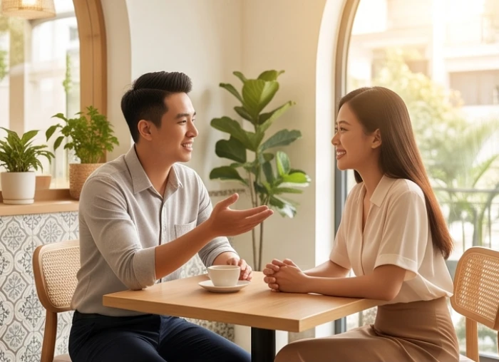 Hai người đang trò chuyện vui vẻ và tự tin đàm phán trong một không gian làm việc chuyên nghiệp