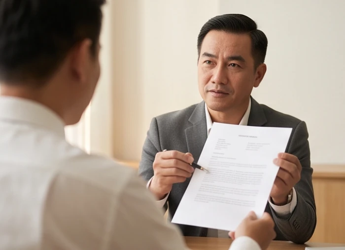Người quản lý trung niên đang trình bày dự án một cách kiên định trong buổi họp tại văn phòng