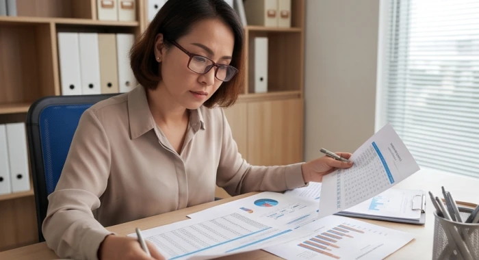 Chuyên gia tài chính tuổi tuất tập trung rà soát số liệu và kiểm toán minh bạch trong văn phòng làm việc