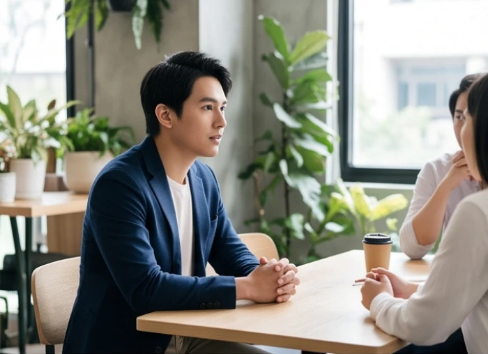Nam nhân viên văn phòng giữ thái độ tĩnh lặng và quan sát kỹ lưỡng trong một buổi họp nhóm