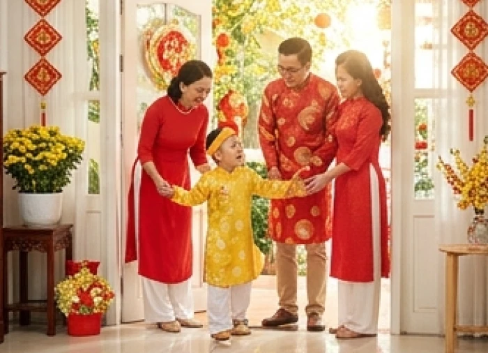 Khoảnh khắc gia chủ đón tiếp vị khách xông nhà hợp tuổi mang cát khí tươi vui sáng mùng 1 Tết