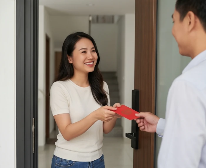 Gia chủ tươi cười chào đón vị khách nam ăn mặc trang trọng đến xông đất và trao phong bao lì xì đỏ