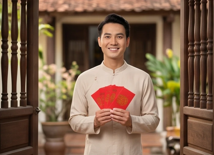 Người thanh niên trẻ tuổi mang theo phong bao lì xì đỏ mỉm cười tươi tắn đến xông nhà dịp đầu xuân