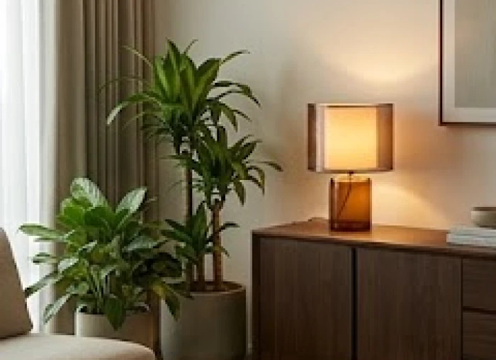 Bố cục trang trí nội thất phòng khách hài hòa tỷ lệ màu xanh của cây và ánh đèn ấm áp giúp tuổi Hợi hợp màu gì