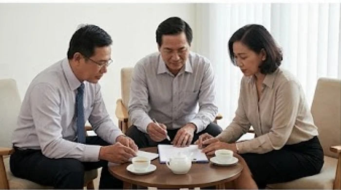 Ba người đối tác Việt Nam cùng thảo luận thỏa thuận hợp đồng minh bạch tại bàn trà gỗ tự nhiên