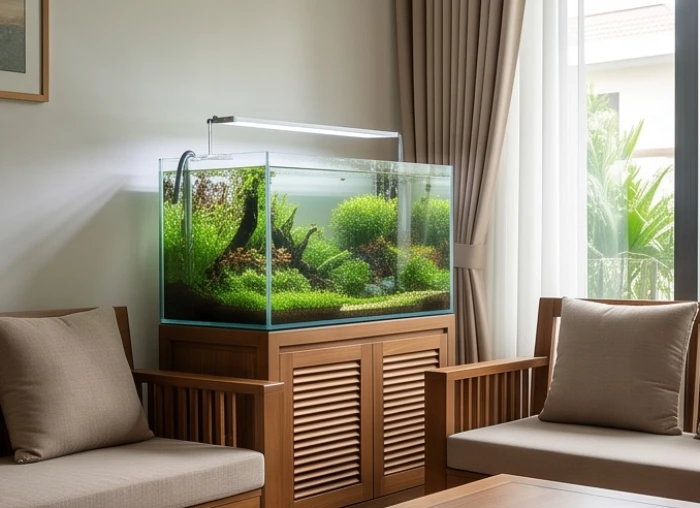 Bể cá cảnh thủy sinh hợp phong thủy đặt hài hòa bên góc phòng khách gia chủ tuổi Dần