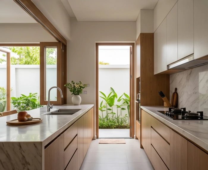 Không gian bếp hiện đại áp dụng nguyên tắc tọa hung hướng cát với hướng lưng người nấu đón cung tốt