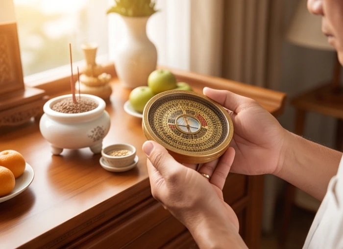 Người trụ cột trong nhà cẩn thận dùng la bàn phong thủy đo đạc phương vị hướng bàn thờ theo tuổi Hợi