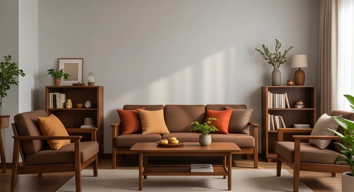 Phòng khách áp dụng quy tắc tỷ lệ phong thủy hoàn hảo với mảng tường xám nhạt và những món đồ nội thất bằng gỗ tự nhiên