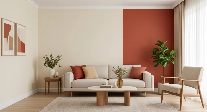 Phòng khách áp dụng tỷ lệ phong thủy với tường kem nhạt và bức tường sau sofa màu đỏ đất ấm áp