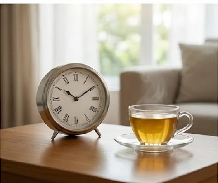 Đồng hồ để bàn và tách trà nóng trong không gian yên tĩnh tượng trưng cho quy tắc tạm dừng 24 giờ hóa giải mâu thuẫn