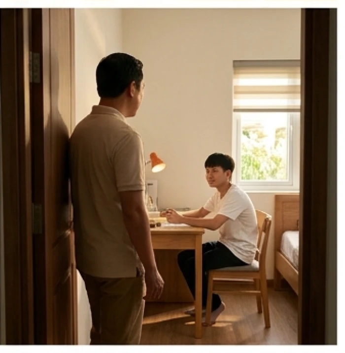 Người cha gõ cửa phòng nhẹ nhàng trò chuyện cùng con sau khoảng lặng tản nhiệt mười lăm phút