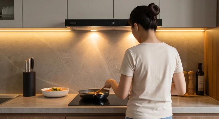 Người phụ nữ đứng thao tác nấu ăn trong căn bếp với hướng lưng quay về phương vị cát lành