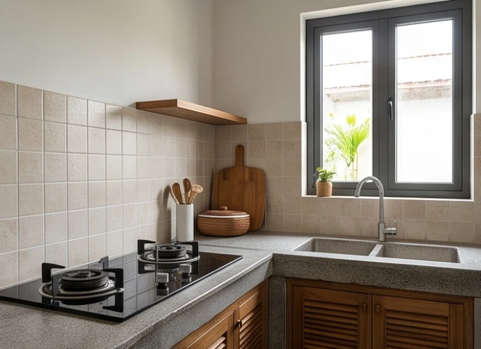 Bếp nấu được sắp đặt gọn gàng cách xa chậu rửa theo nguyên tắc tọa hung hướng cát hóa giải sát khí