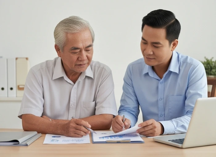 Người cha cao tuổi Nhâm Dần vui vẻ hướng dẫn và trao quyền quản lý giấy tờ nhà cửa cho người con trai trưởng thành