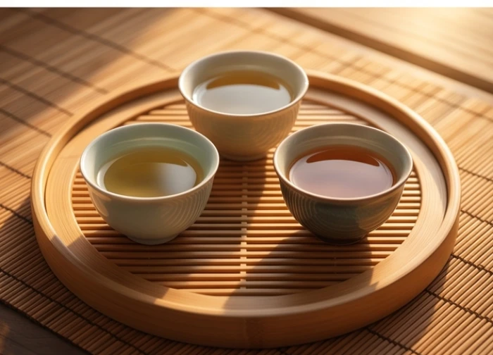 Ba tách trà với họa tiết khác nhau xếp thành hình tam giác cân bằng trên chiếc khay gỗ tròn cổ điển