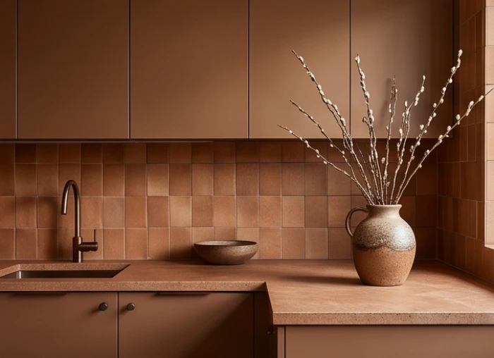 Thiết kế tủ bếp màu nâu đất ấm áp phối hợp hoàn hảo với hướng bếp hợp tuổi tỵ mang mệnh Thổ