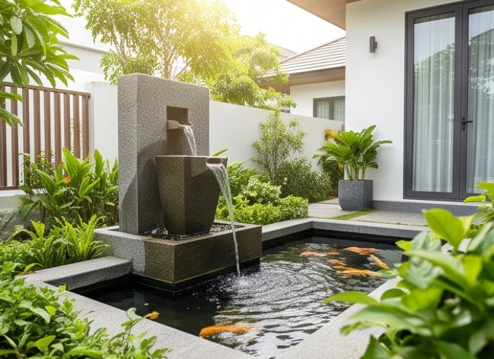 Tiểu cảnh hồ nước phong thủy xinh xắn đặt trước sân hiên biệt thự hướng Nam giúp cân bằng trường khí