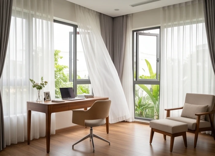 Không gian phòng khách kết hợp làm việc đón gió tự nhiên từ hướng Tây Bắc giúp phát triển sự nghiệp