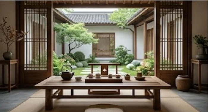 Phòng trà mộc mạc và tĩnh lặng với bộ bàn ghế gỗ kiểu truyền thống nhìn ra khu vườn nhỏ