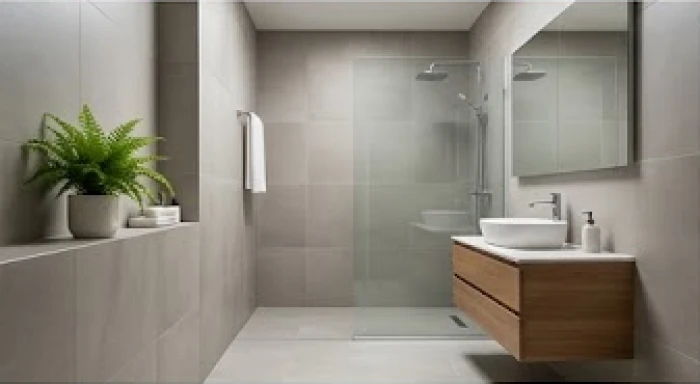 Không gian phòng tắm hiện đại với tông màu trung tính và ánh sáng dịu nhẹ giúp thanh lọc năng lượng tiêu cực.