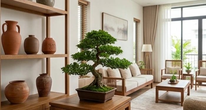 Không gian phòng khách kết hợp nét trầm ổn của hành Thổ cho nam và sự tươi mới của hành Mộc cho nữ 1962