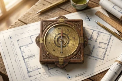 Bản vẽ kiến trúc và la bàn phong thủy giúp gia chủ xác định nhâm dần 1962 hợp hướng nào để xây nhà