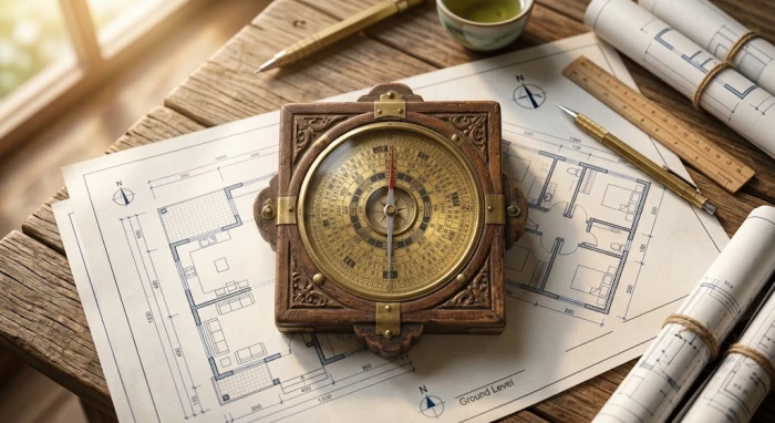 Bản vẽ kiến trúc và la bàn phong thủy giúp gia chủ xác định nhâm dần 1962 hợp hướng nào để xây nhà