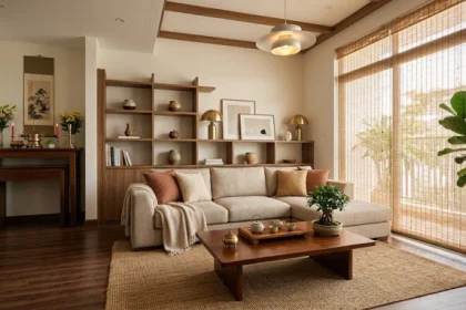 Không gian nội thất phòng khách hài hòa phong thủy giải đáp tuổi nhâm dần 1962 mệnh gì với tông màu vàng đất và trắng