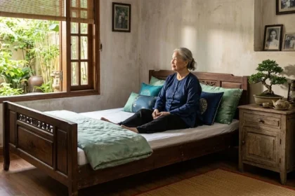 Không gian phòng ngủ an tĩnh với gam màu xanh lá và xanh dương giải đáp nhâm ngọ 1942 hợp màu gì cho người cao tuổi