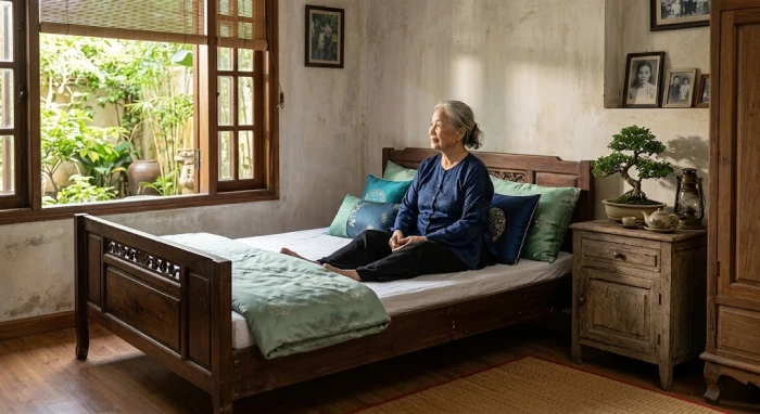 Không gian phòng ngủ an tĩnh với gam màu xanh lá và xanh dương giải đáp nhâm ngọ 1942 hợp màu gì cho người cao tuổi